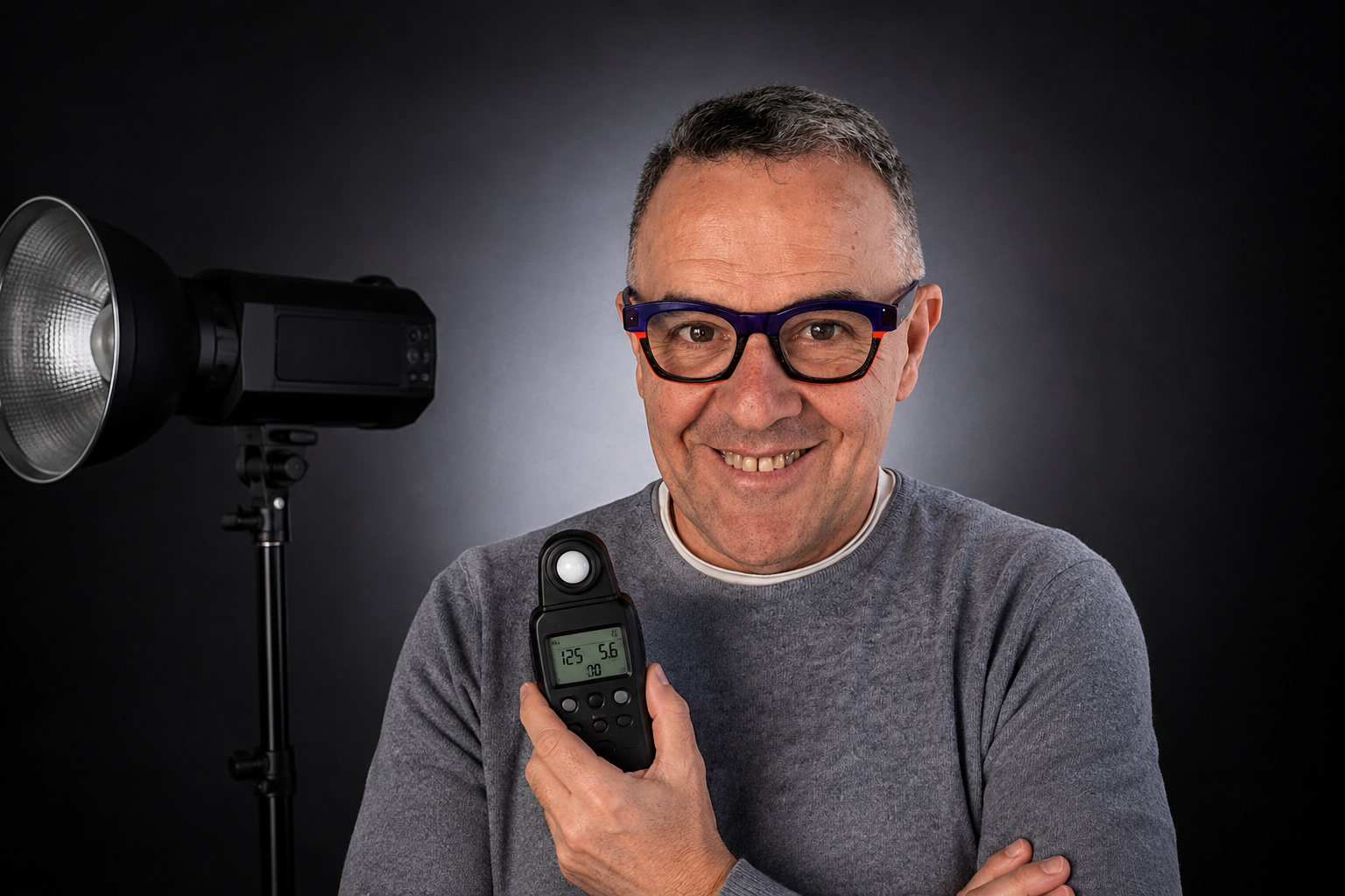 Juanjo Martínez, fotógrafo profesional, con fotómetro de estudio durante una sesión de fotografía de inmuebles de lujo